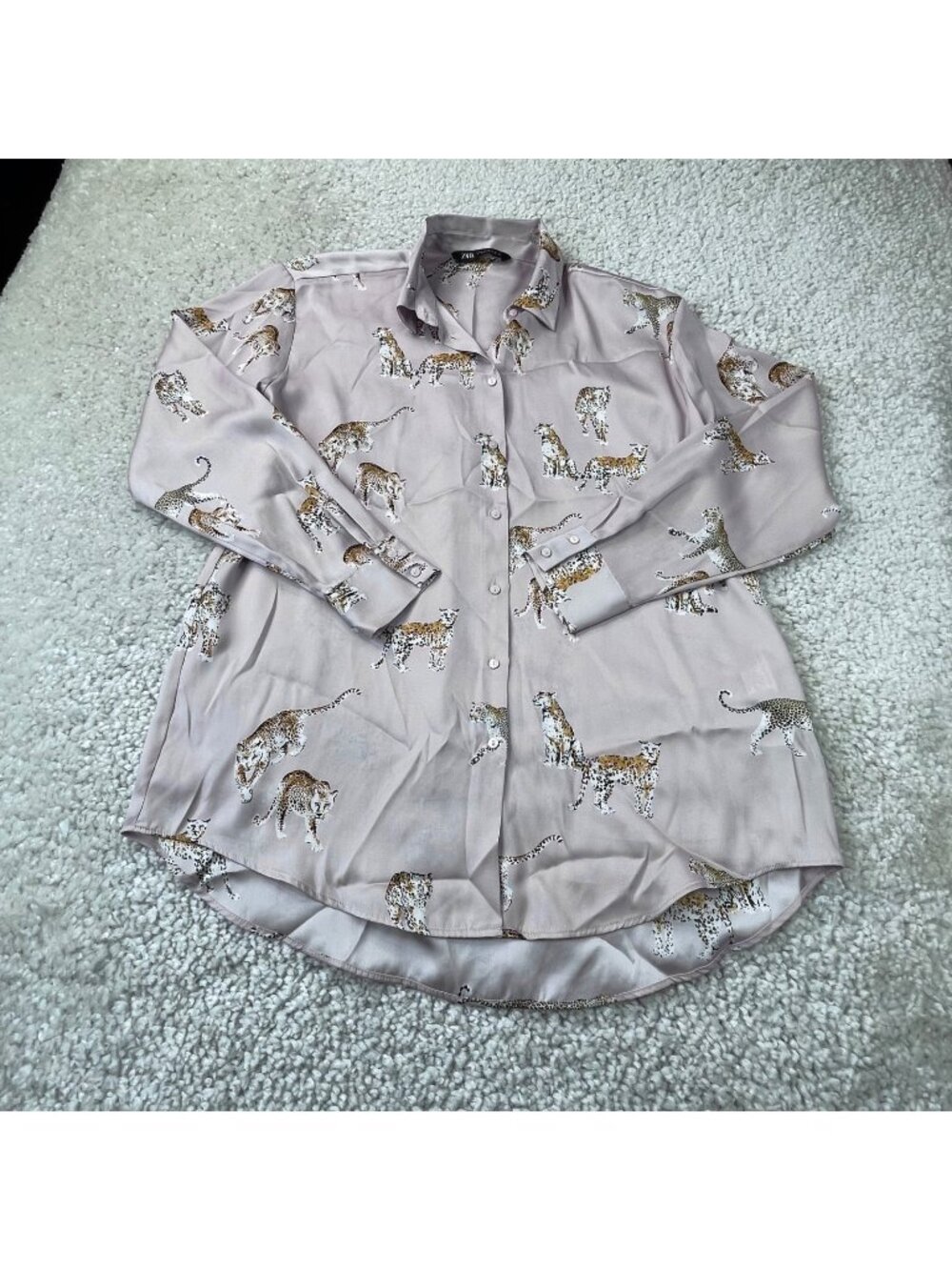 Zara Pink Satin Tiger Print Button Front Blouse Womens Medium